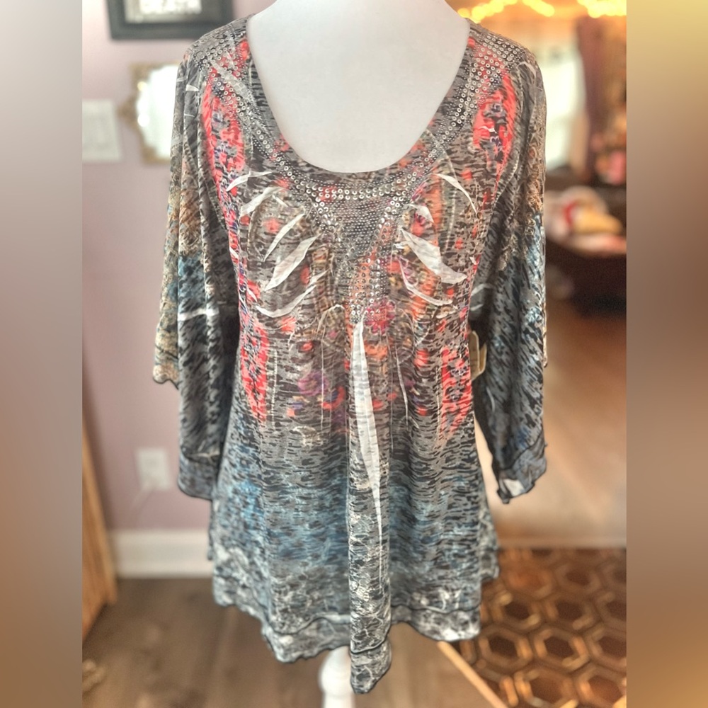 ONE WORLD Gray and Red Embellished Tunic